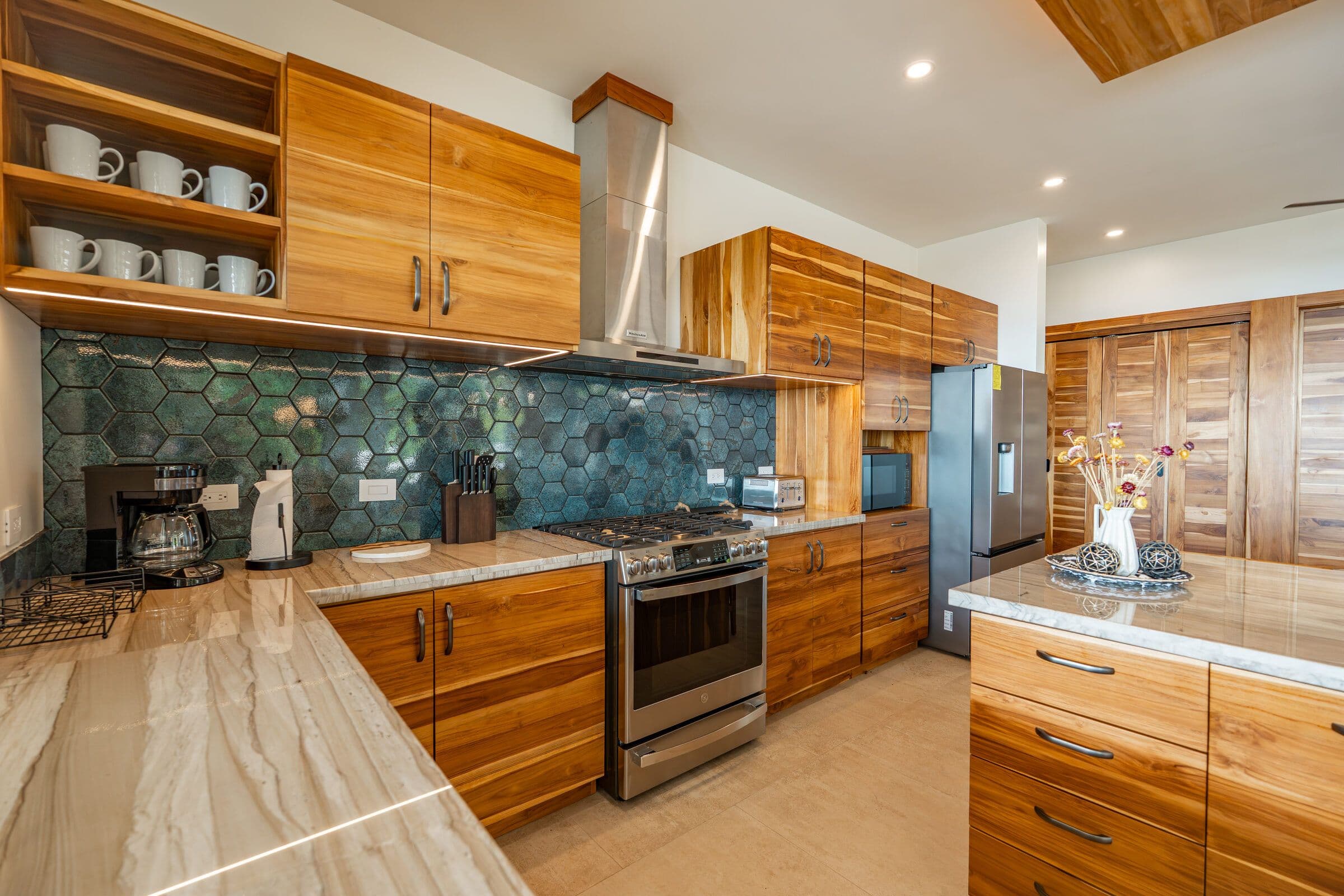 Hexagonal teal backsplash detail