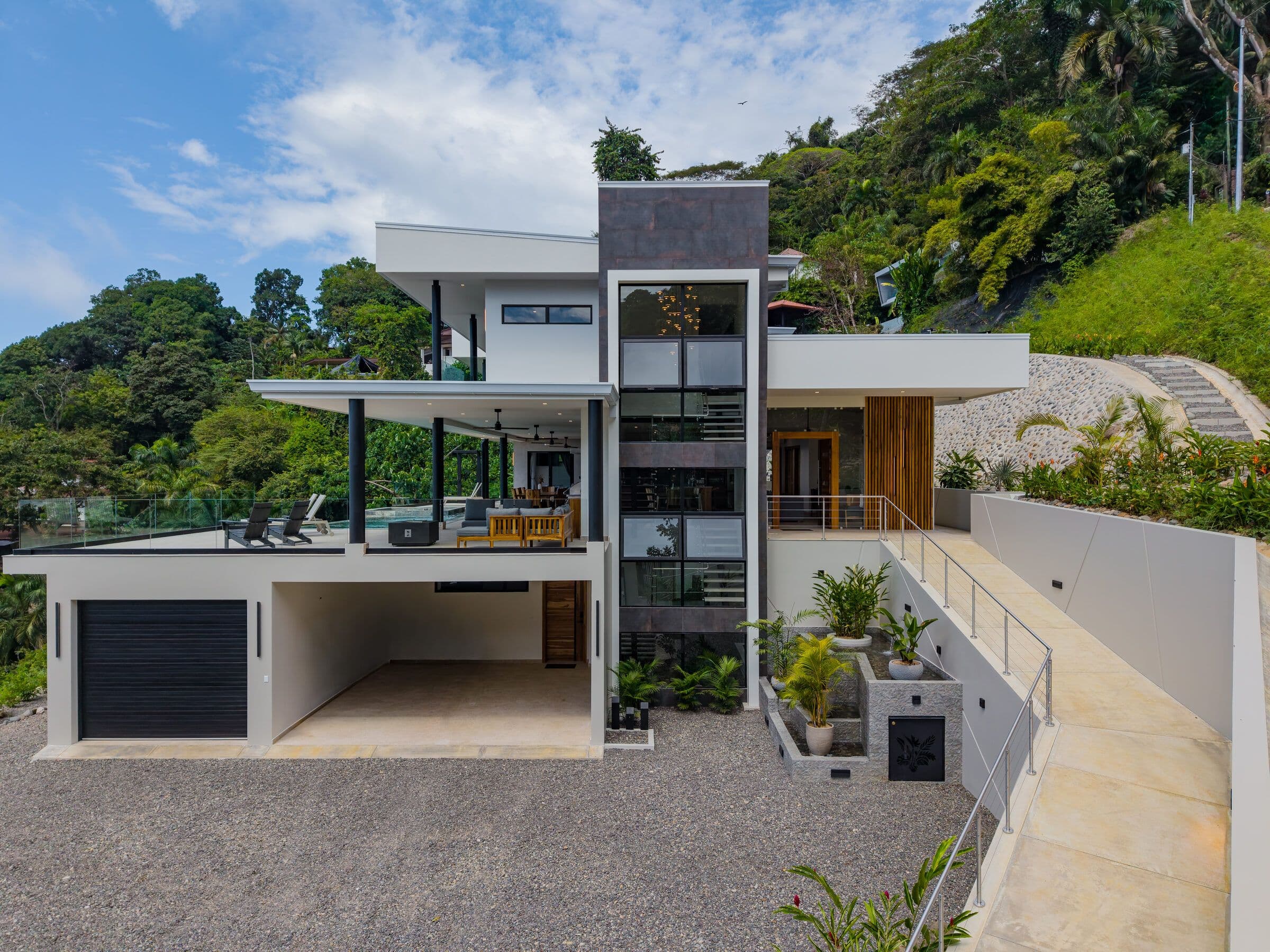 Front facade from ground level, three stories