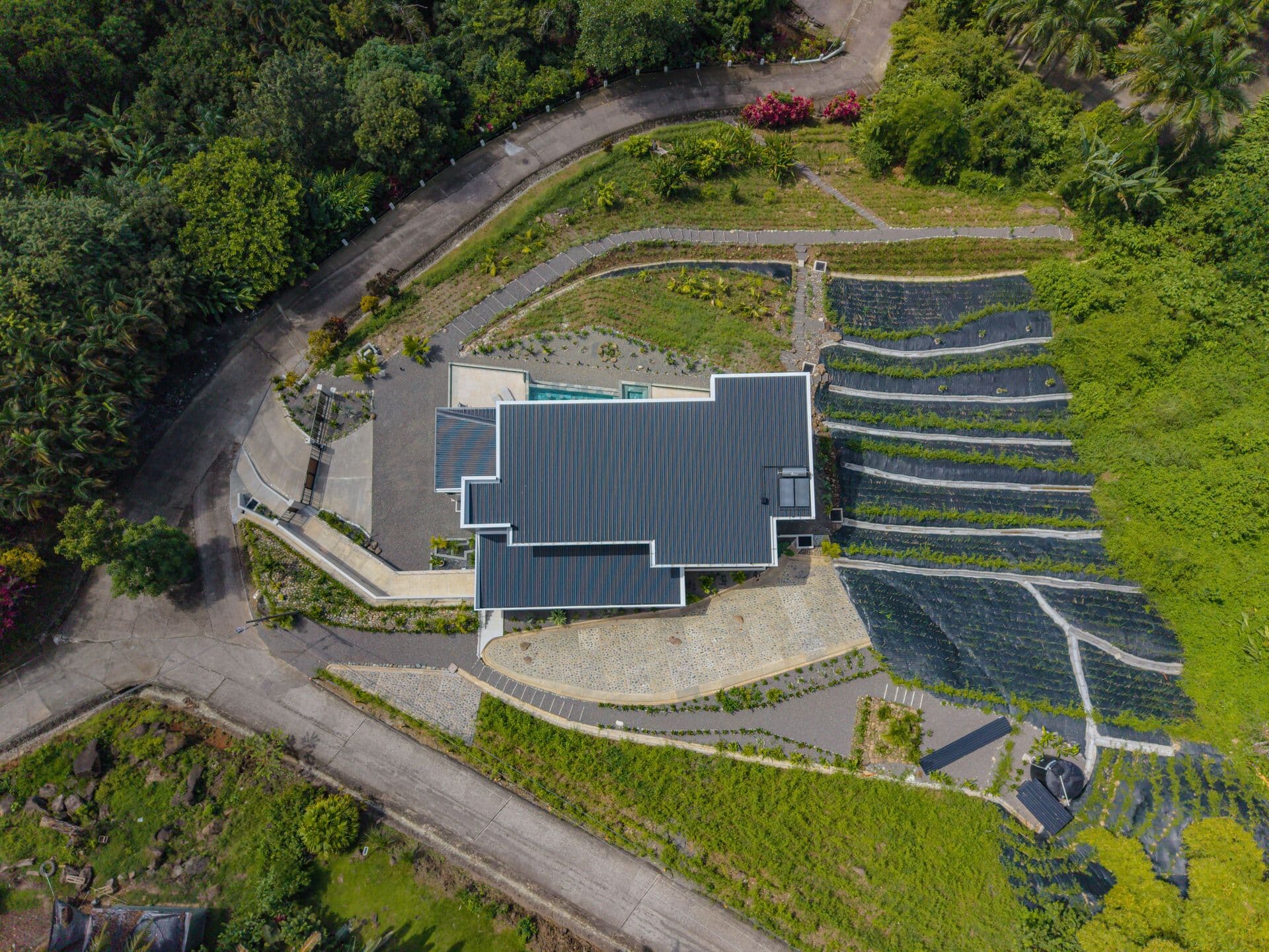 Top-down aerial overview of the property
