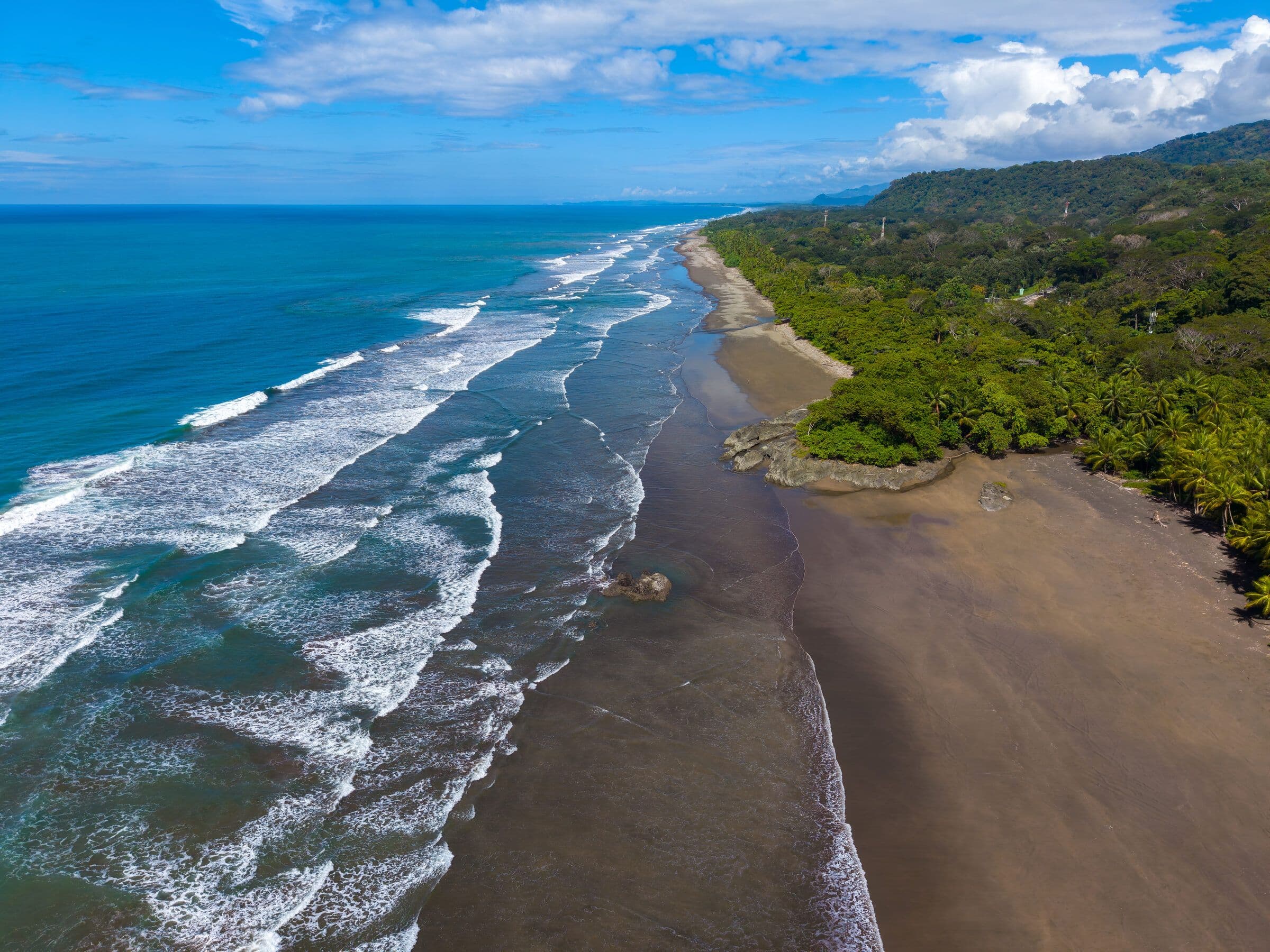 Aerial coastline panorama with beach and jungle